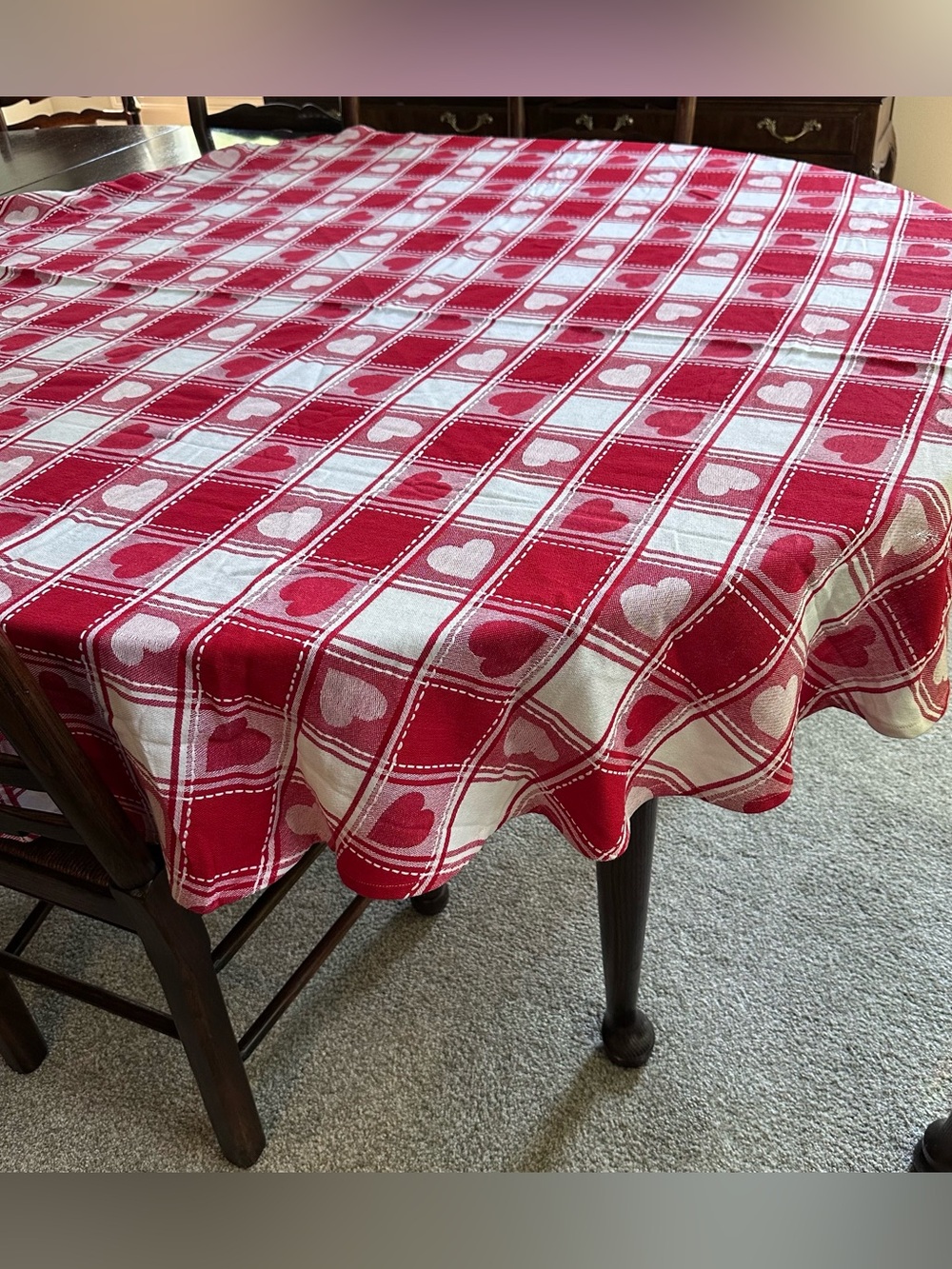 Vintage Park B Smith Valentine Red White Heart Checkered Tablecloth Round 70"
